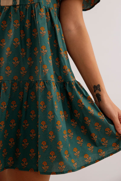 Dark Green Floral Print Short Dress- She + Sky Floral Printed Dress