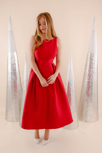 Red Midi Dress With Bow- Elegant Red Event Dress- B Right Red Dress