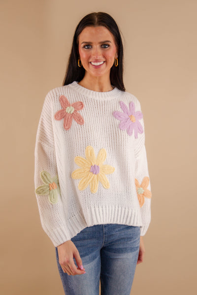 Women's Oversized Knit Sweater- 3D Knit Flower Sweater- Pastel Winter Sweaters