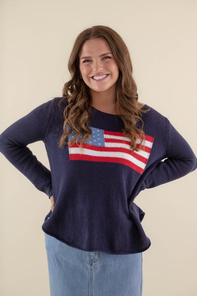 Women's American Flag Sweater- Navy Flag Sweater- Americana Lightweight Sweater