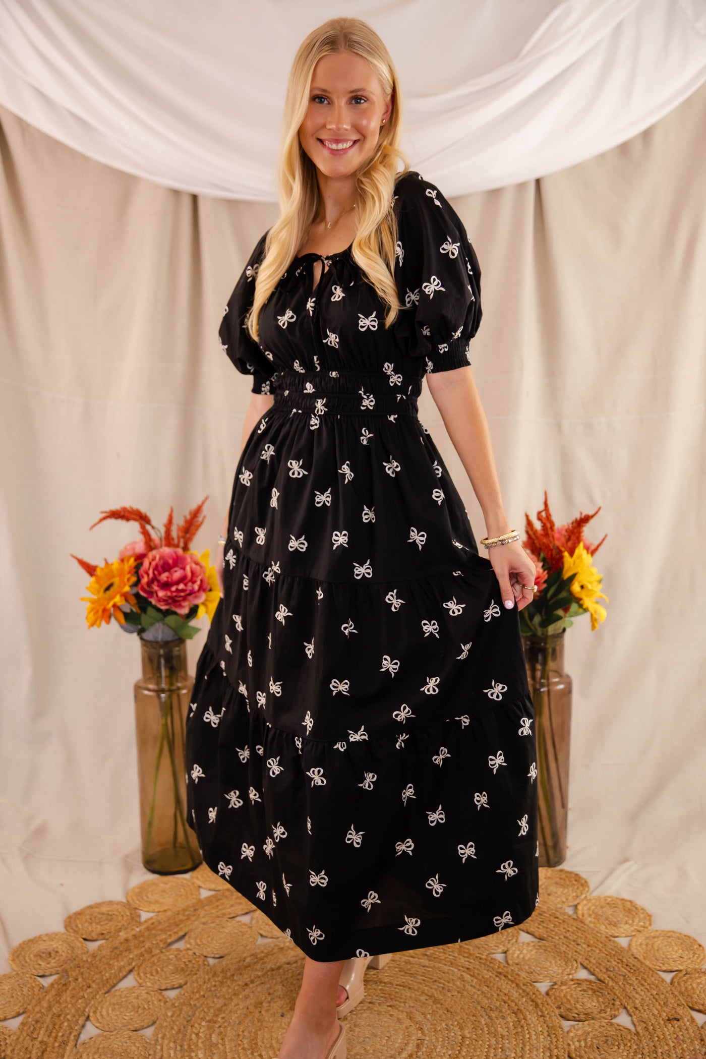 Bow Print Maxi Dress- Women's Black Bow Dress- Entro Ribbon Maxi Dress