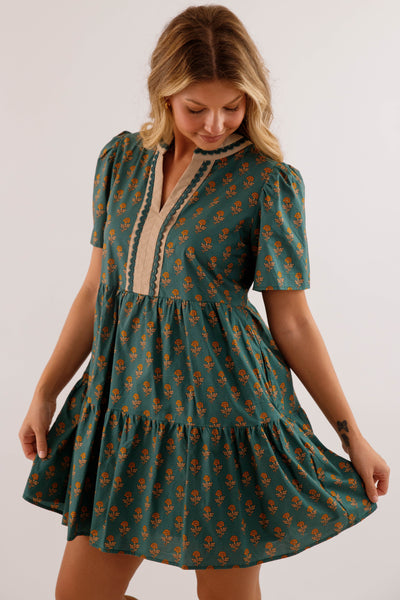 Dark Green Floral Print Short Dress- She + Sky Floral Printed Dress