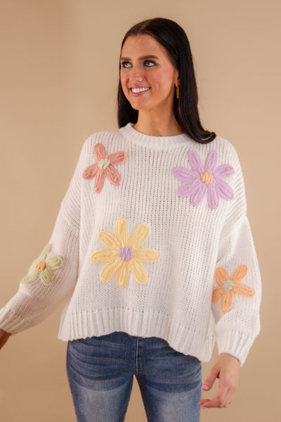 Women's Oversized Knit Sweater- 3D Knit Flower Sweater- Pastel Winter Sweaters