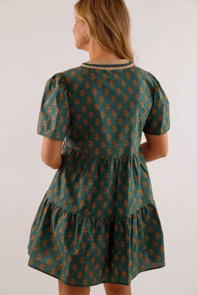 Dark Green Floral Print Short Dress- She + Sky Floral Printed Dress
