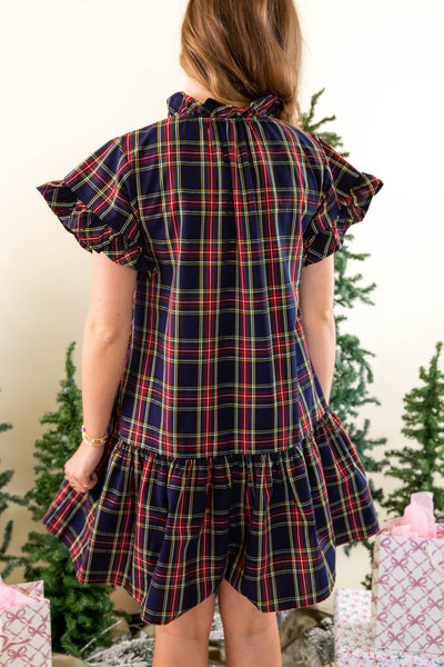 Navy Tartan Dress- Classic Tartan Ruffled Dress- Entro Plaid Dress