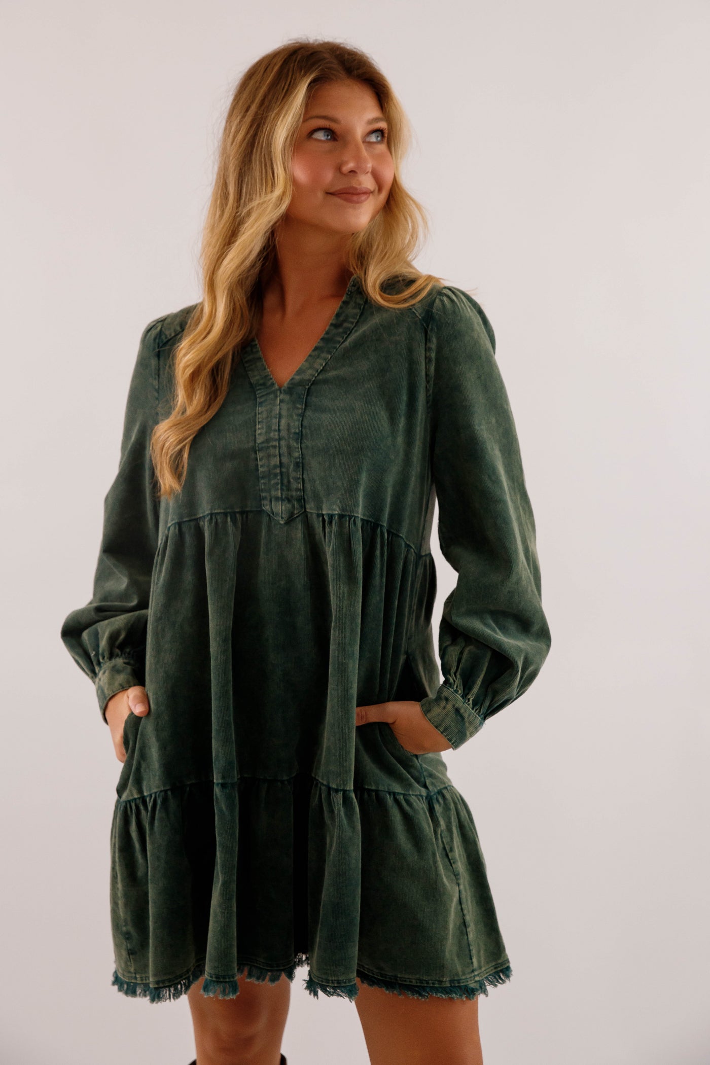 Olive Tiered Corduroy Dress- Fringe Hem Pocket Dress- Women's Fall and Winter Dresses