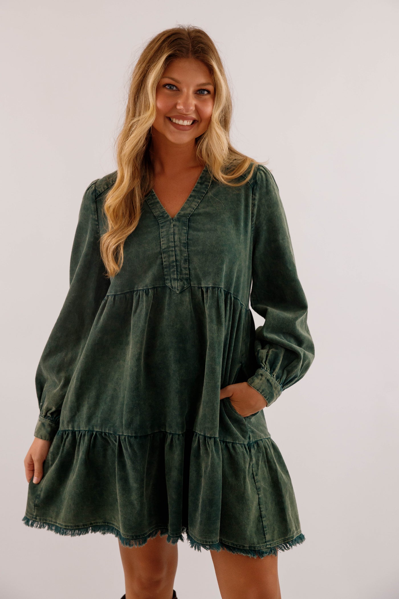 Olive Tiered Corduroy Dress- Fringe Hem Pocket Dress- Women's Fall and Winter Dresses