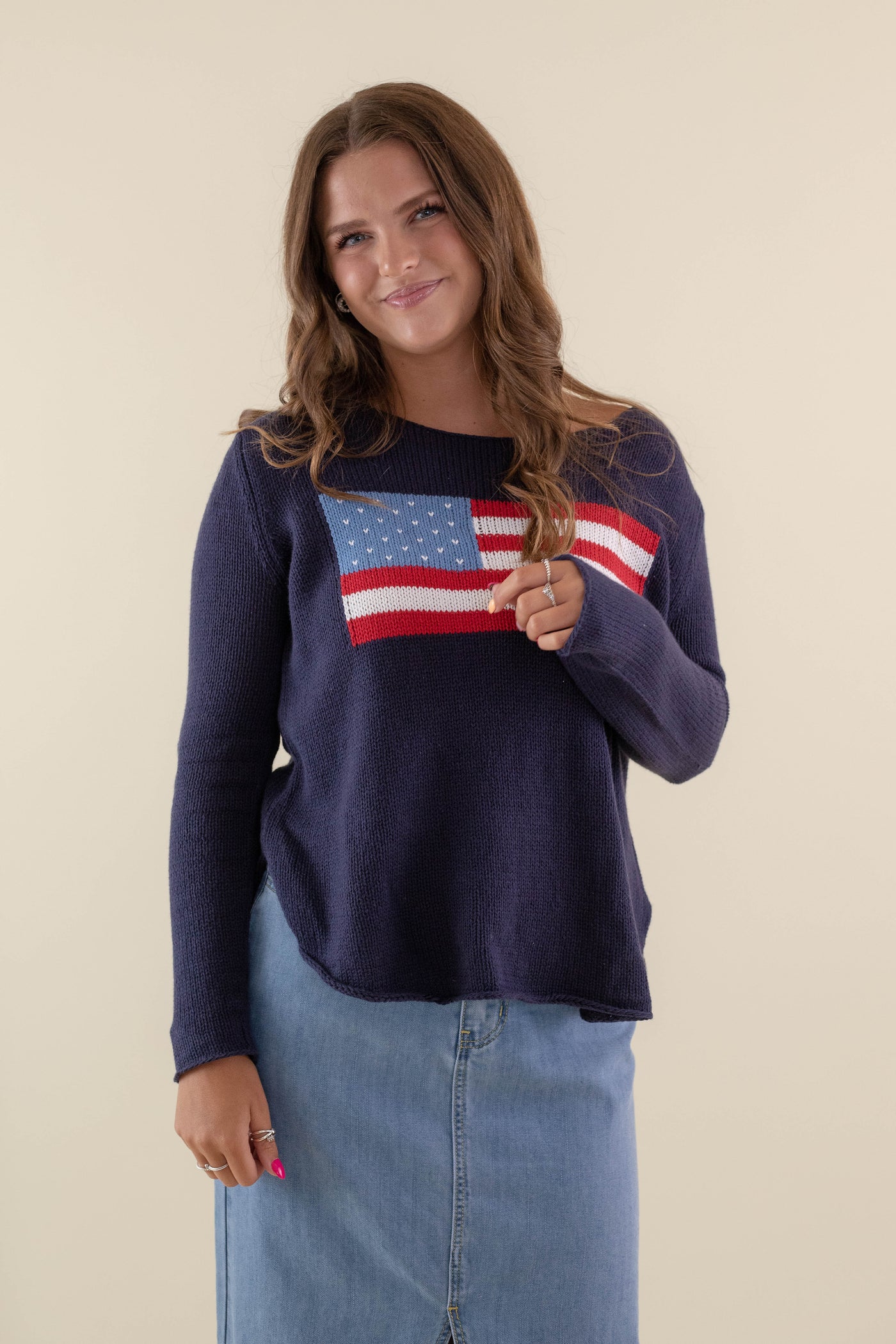 Women's American Flag Sweater- Navy Flag Sweater- Americana Lightweight Sweater