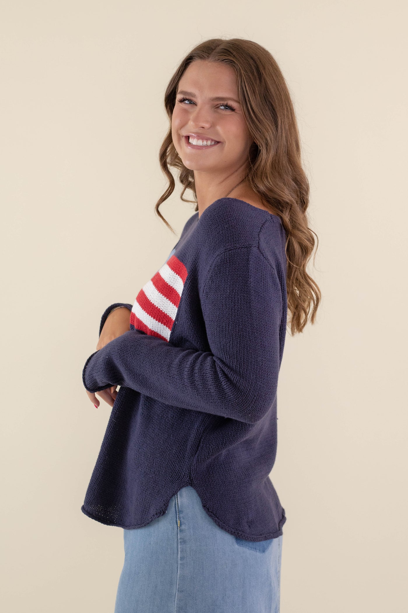 Women's American Flag Sweater- Navy Flag Sweater- Americana Lightweight Sweater