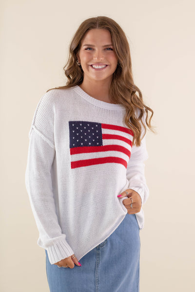 Women's American Flag Sweater- White Flag Sweater- Americana Lightweight Sweater