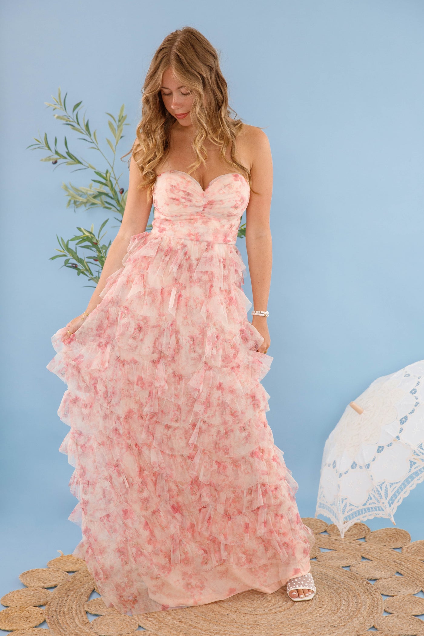 Women's Pink Floral Tulle Cocktail Dress- Strapless Pink Tulle Dress- Women's Formal Dresses