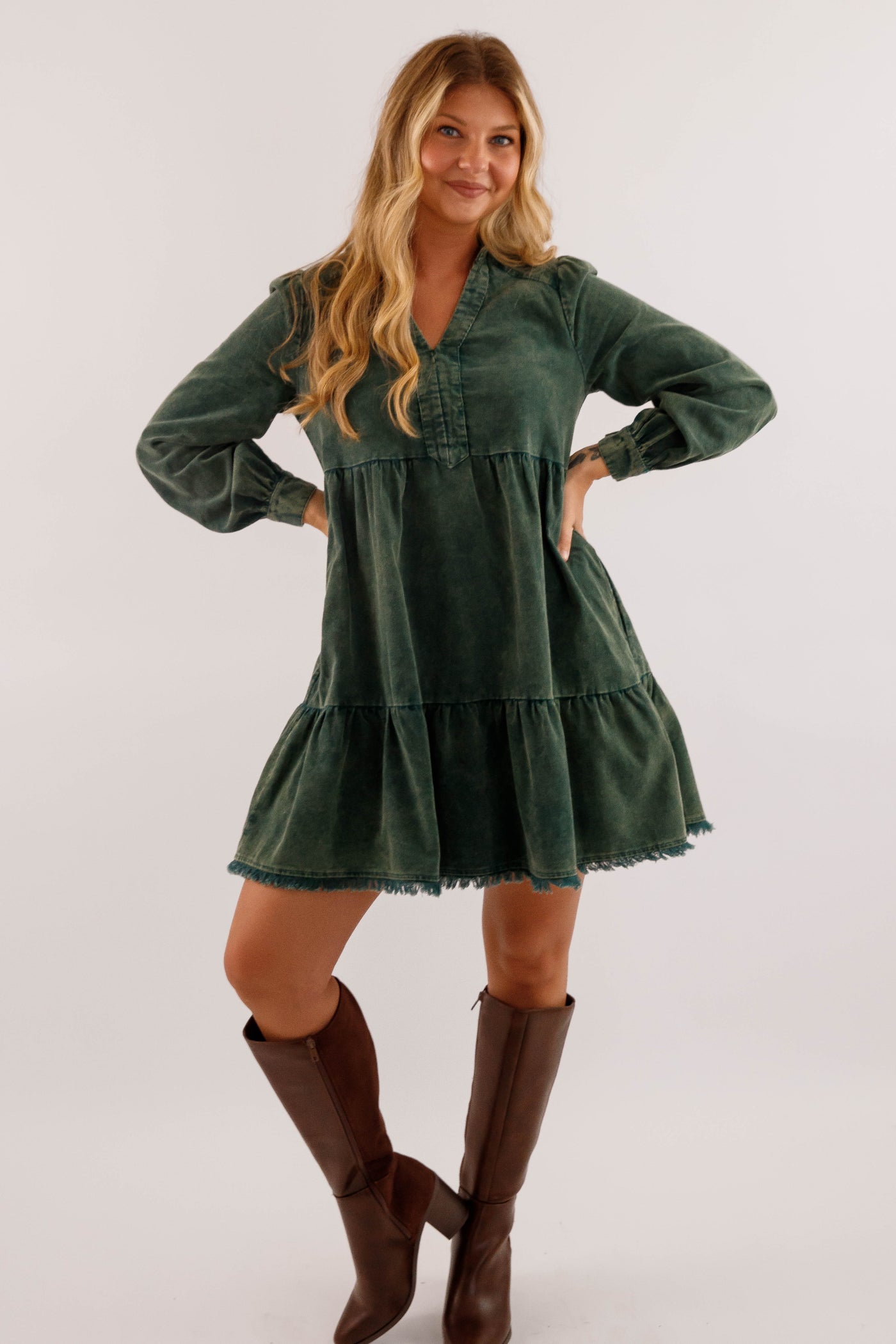Olive Tiered Corduroy Dress- Fringe Hem Pocket Dress- Women's Fall and Winter Dresses