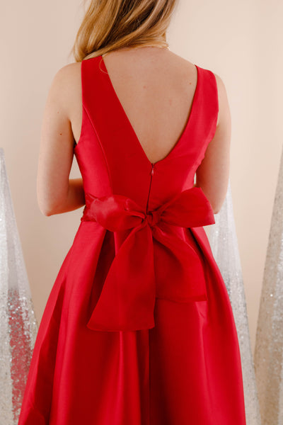 Red Midi Dress With Bow- Elegant Red Event Dress- B Right Red Dress