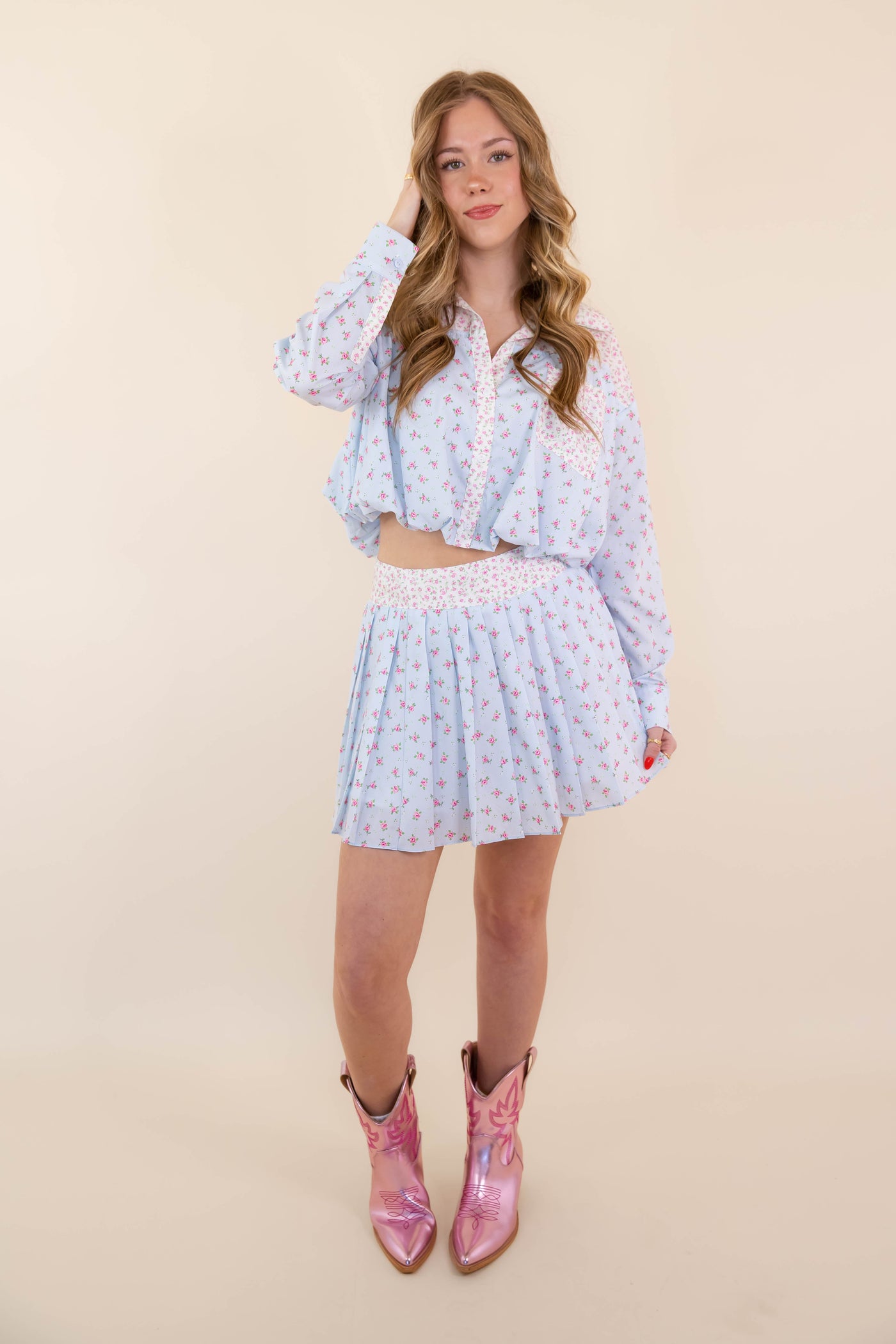 Floral Print Collared Shirt- Women's Spring Sets- PeachLove Floral Set