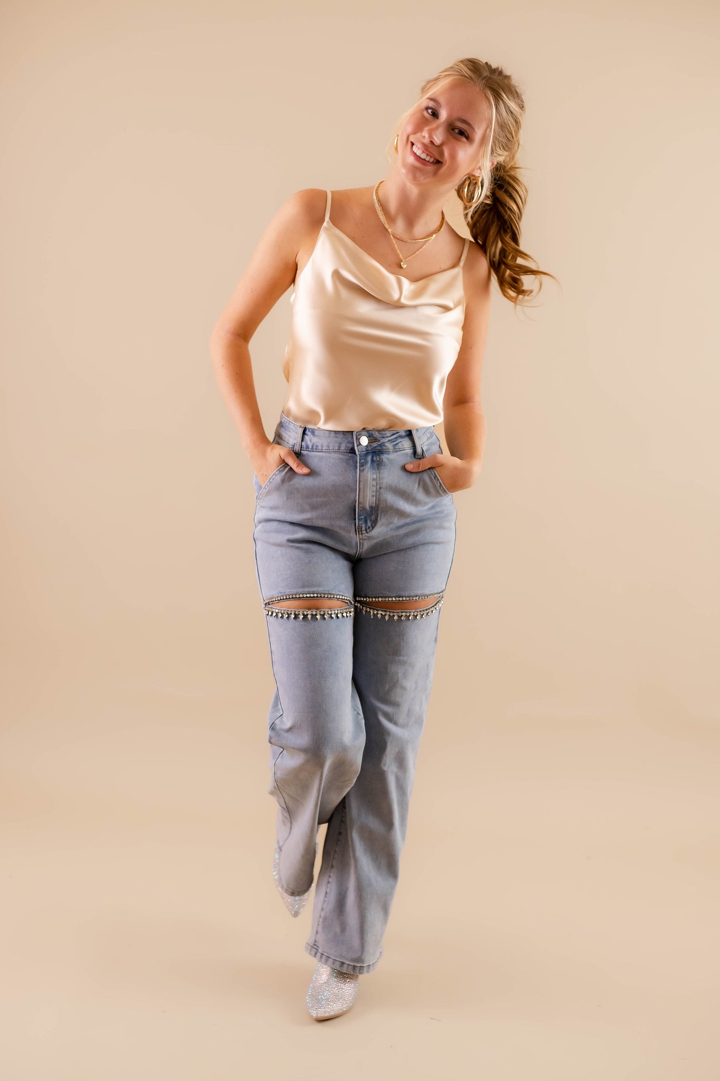 Crystal Slit Jeans- Taylor Rhinestone Jeans- Heart Rhinestone Denim