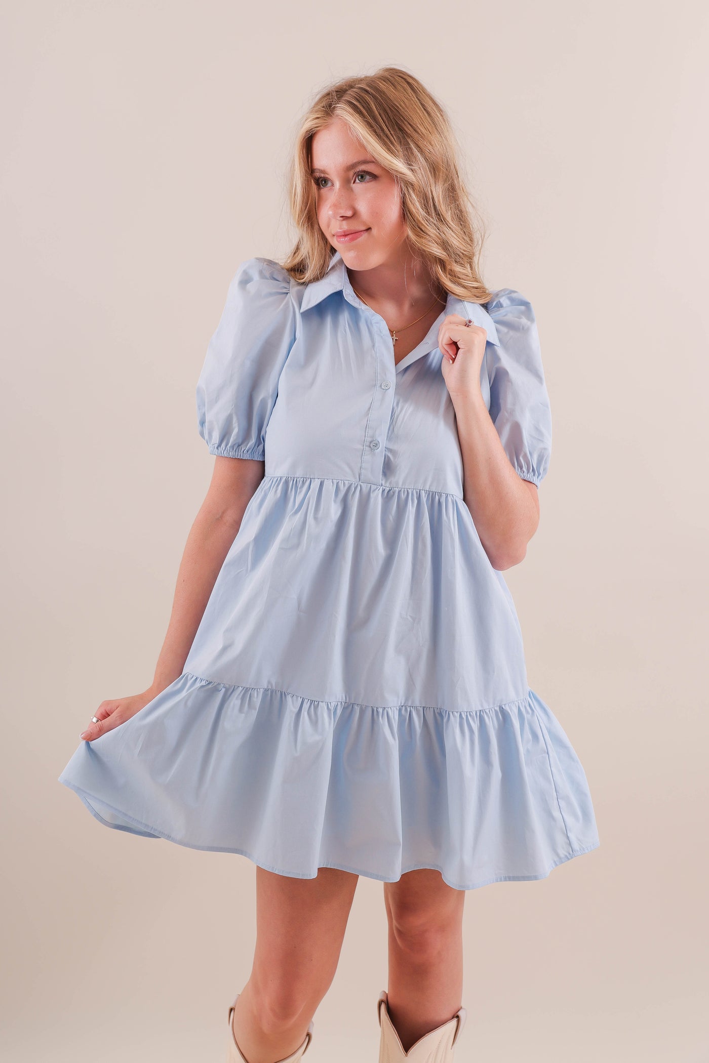 Women's Poplin Shirt Dress- Baby Blue Cotton Dress- TCEC Dresses