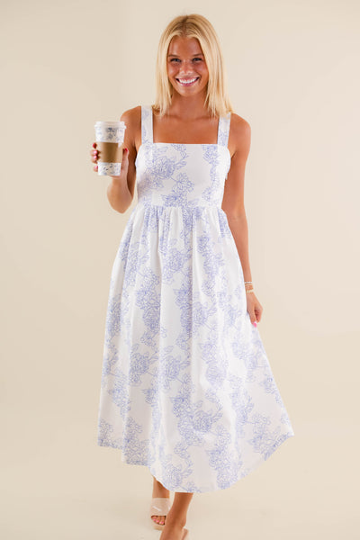 Blue and White Floral Print Dress- White Midi Dress- Coastal Grandmother Style Dresses