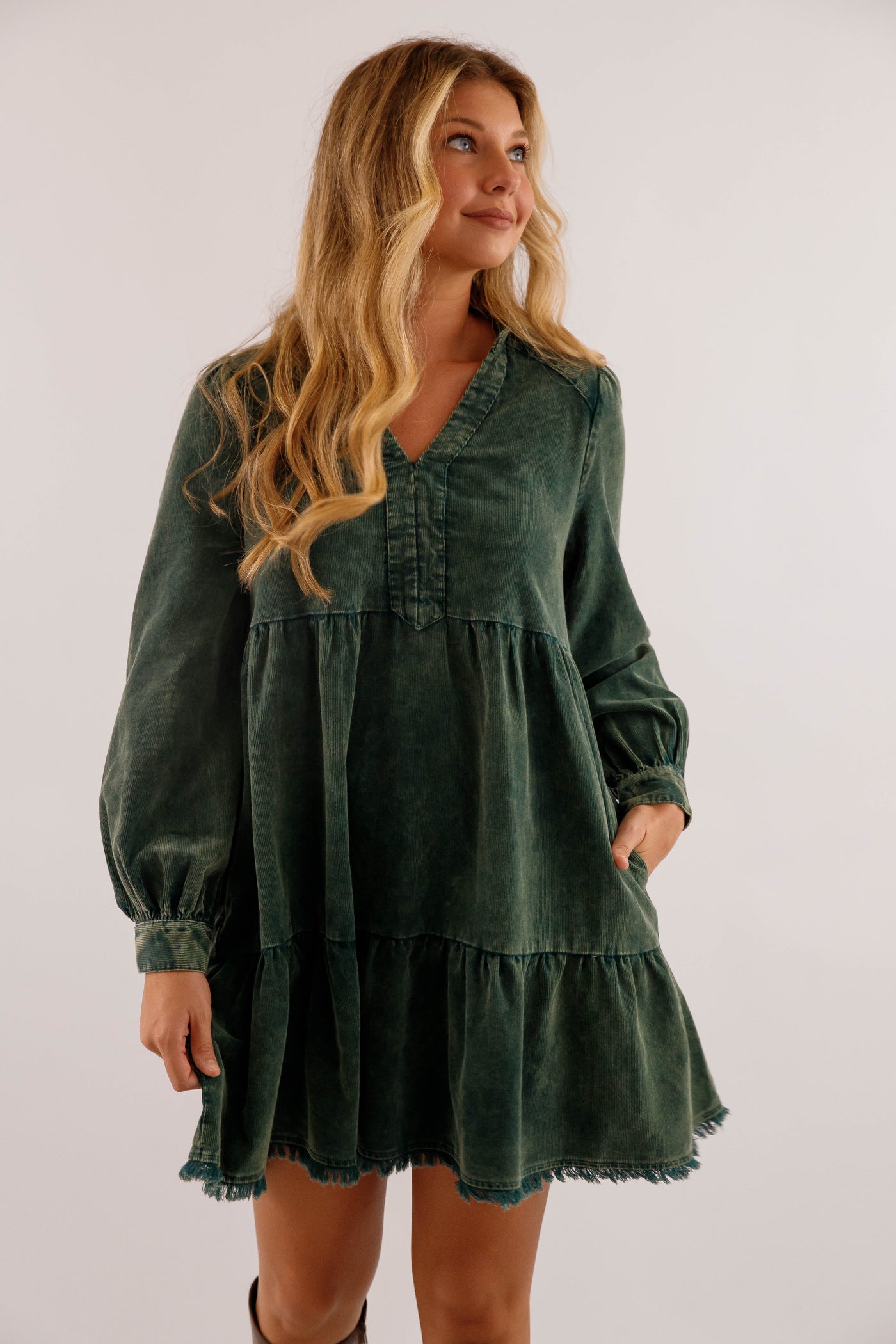 Olive Tiered Corduroy Dress- Fringe Hem Pocket Dress- Women's Fall and Winter Dresses