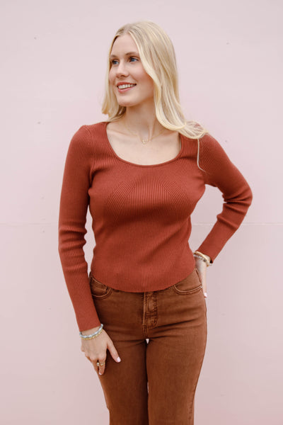 Women's Ribbed Long Sleeve- Women's Rust Basic Top- Be Cool Basic Ribbed Top