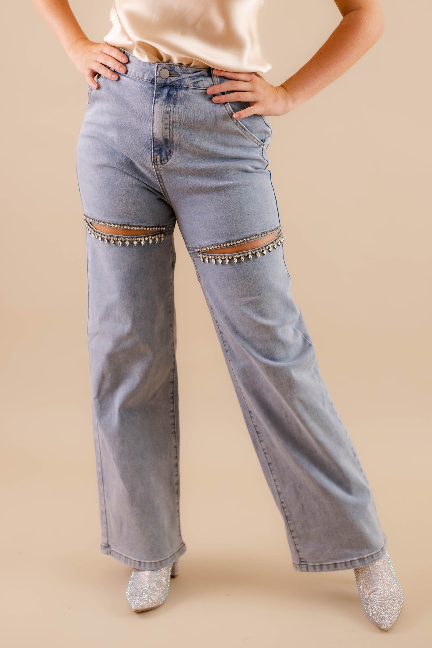 Crystal Slit Jeans- Taylor Rhinestone Jeans- Heart Rhinestone Denim