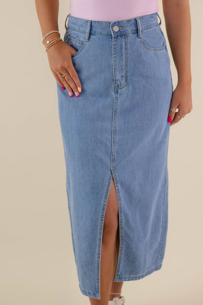 Women's Denim Midi Skirt- Denim Skirt With Slit