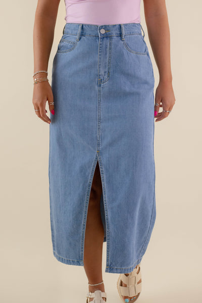 Women's Denim Midi Skirt- Denim Skirt With Slit