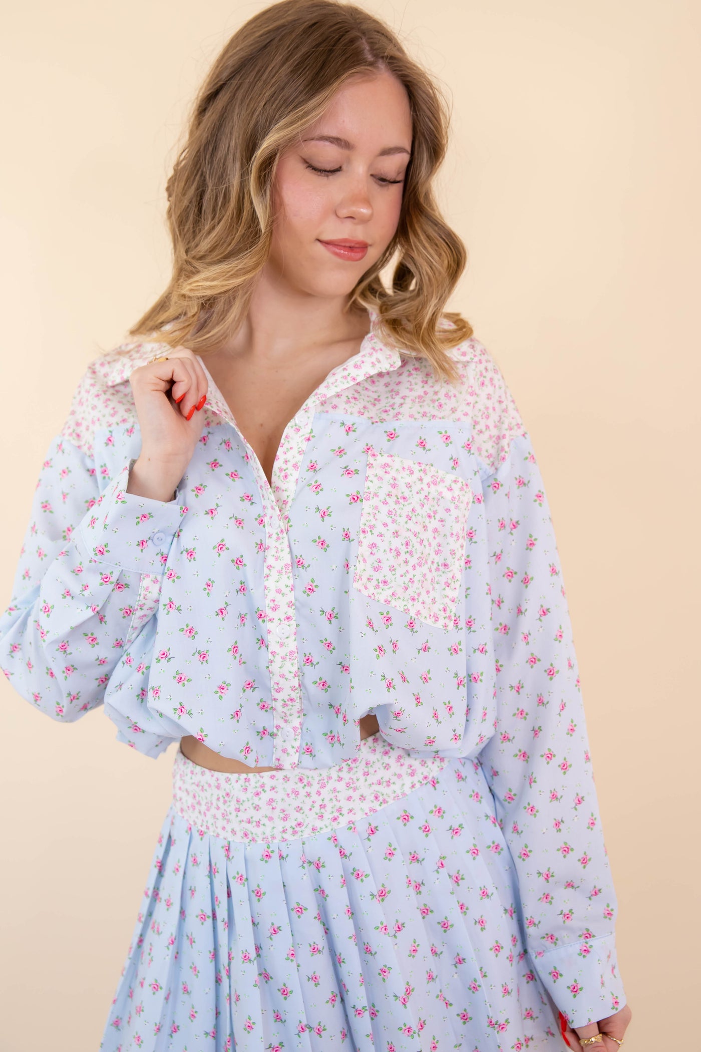 Floral Print Collared Shirt- Women's Spring Sets- PeachLove Floral Set