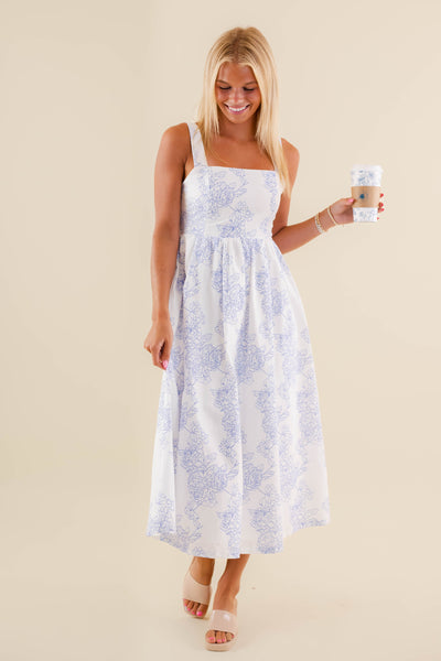 Blue and White Floral Print Dress- White Midi Dress- Coastal Grandmother Style Dresses