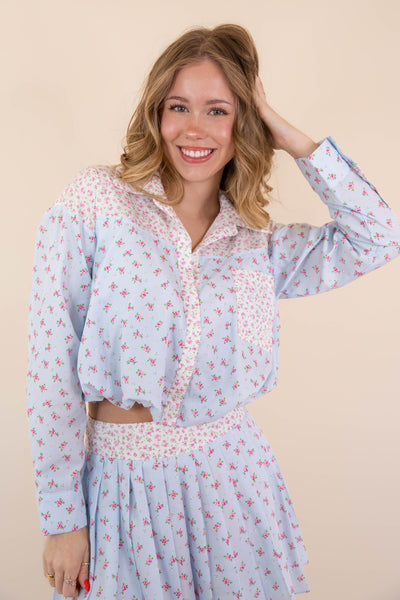 Floral Print Collared Shirt- Women's Spring Sets- PeachLove Floral Set