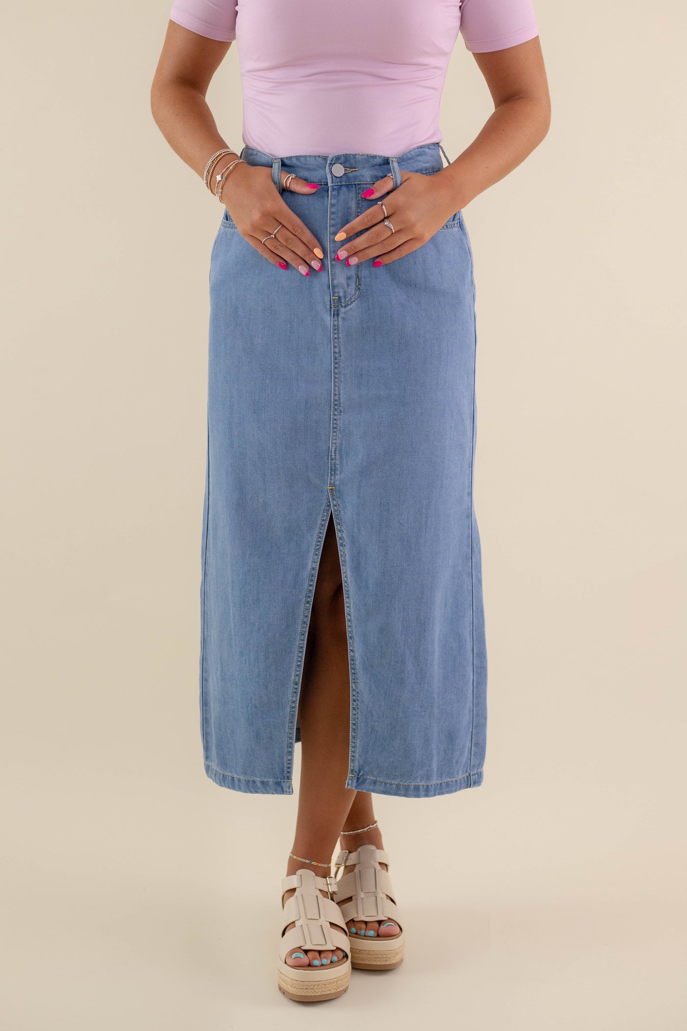 Women's Denim Midi Skirt- Denim Skirt With Slit