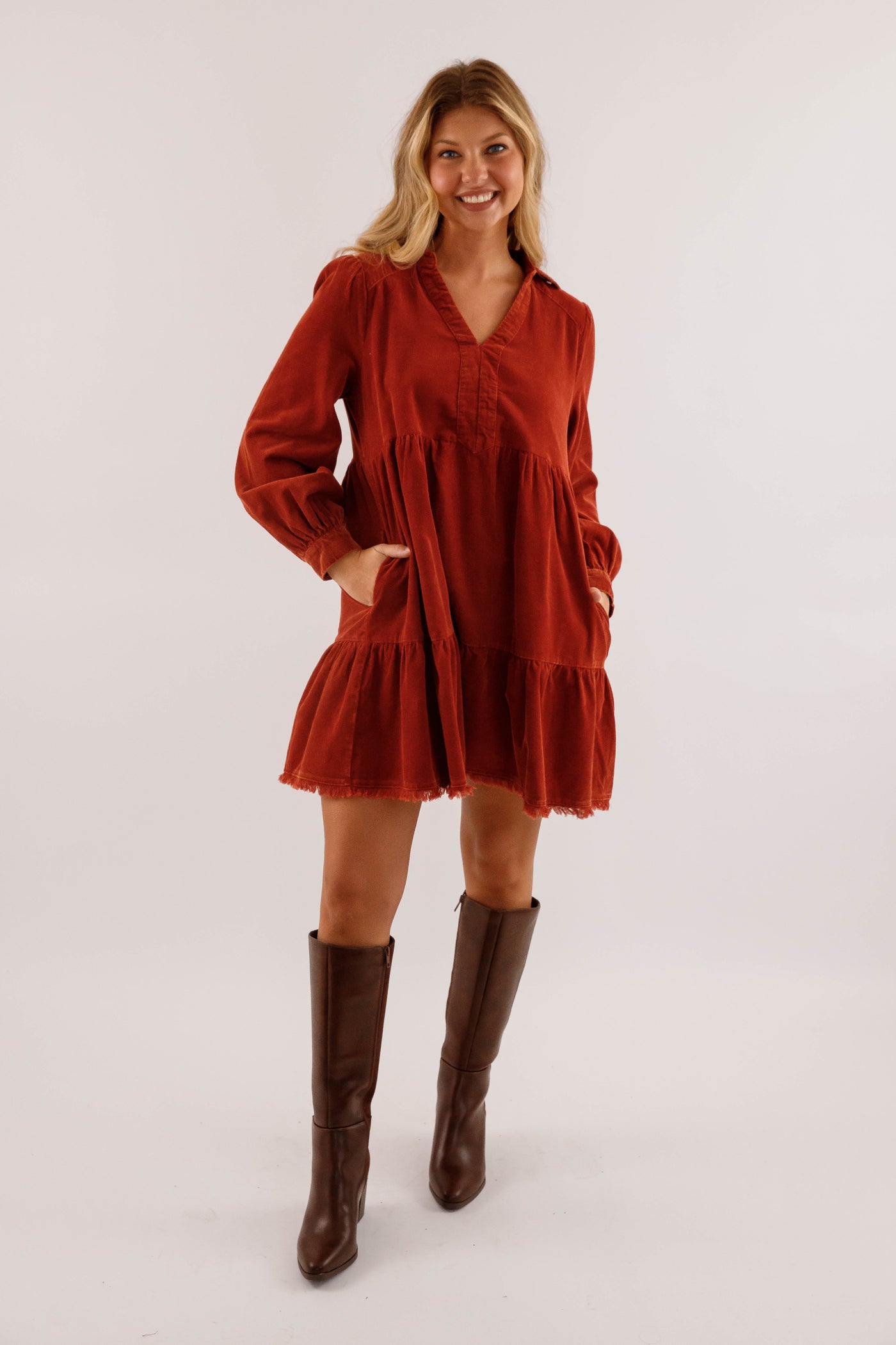 Rust Tiered Corduroy Dress- Fringe Hem Pocket Dress- Women's Fall and Winter Dresses