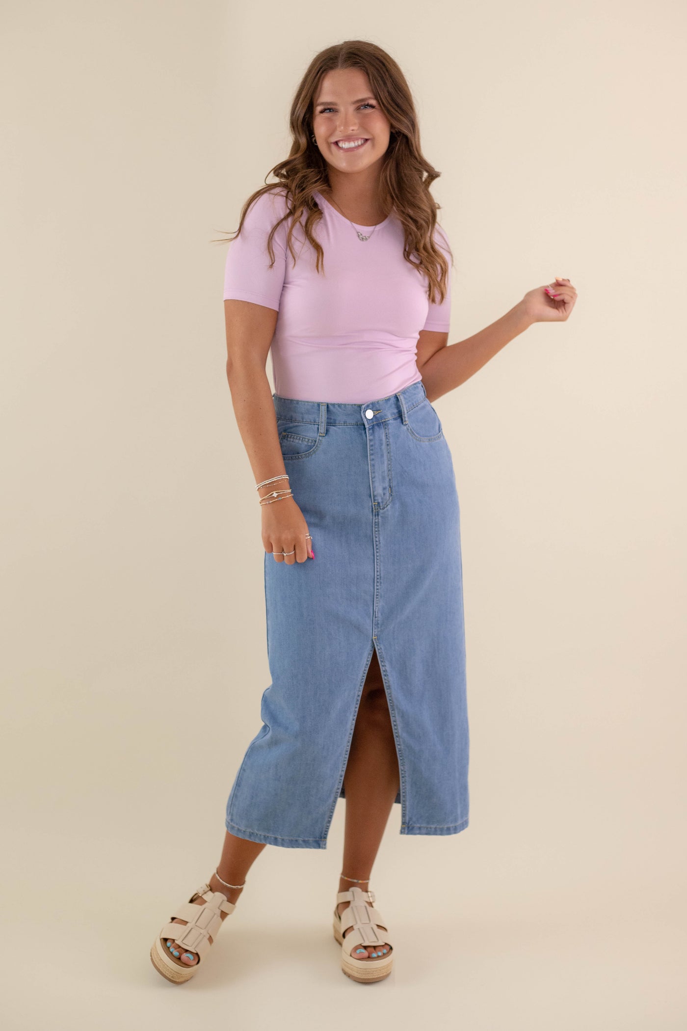 Women's Denim Midi Skirt- Denim Skirt With Slit