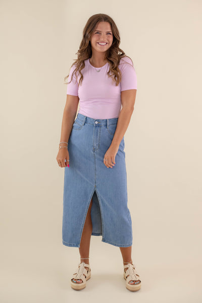 Women's Denim Midi Skirt- Denim Skirt With Slit