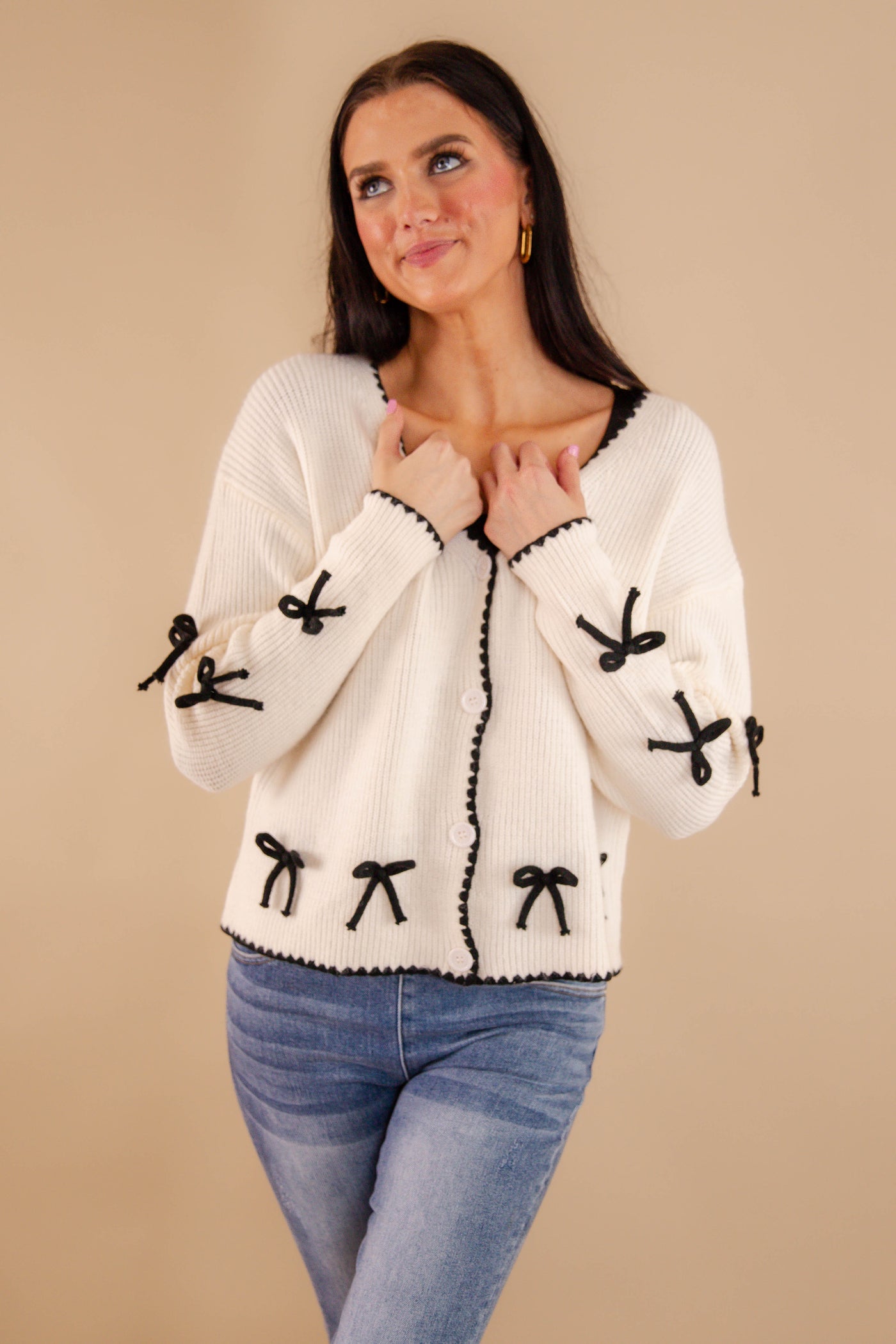 Ivory Cardigan With Black Bow Detail- Women's 3D Bow Cardigan- Black Bow Sweater