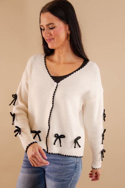 Ivory Cardigan With Black Bow Detail- Women's 3D Bow Cardigan- Black Bow Sweater