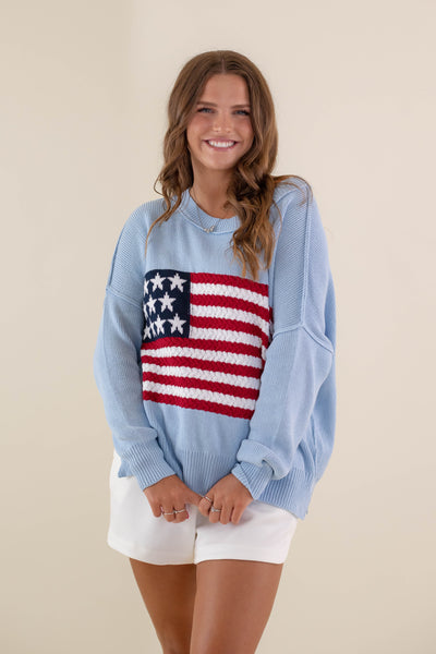 Women's American Flag Sweater- Baby Blue Flag Sweater- Americana Lightweight Sweater