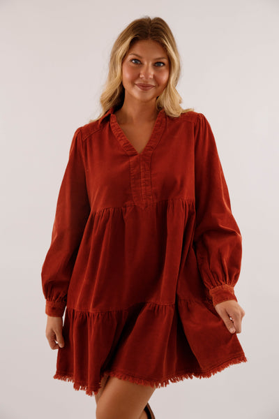 Rust Tiered Corduroy Dress- Fringe Hem Pocket Dress- Women's Fall and Winter Dresses
