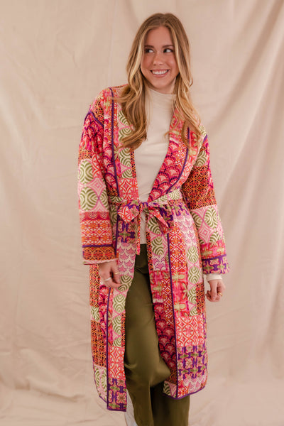 Women's Long Patchwork Coat- Colorful Patchwork Jacket- &Merci Long Jacket