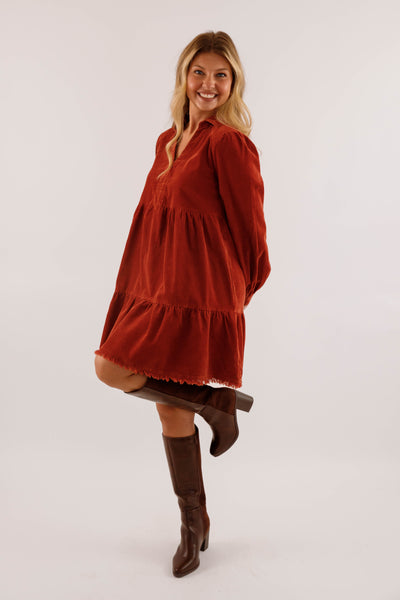 Rust Tiered Corduroy Dress- Fringe Hem Pocket Dress- Women's Fall and Winter Dresses