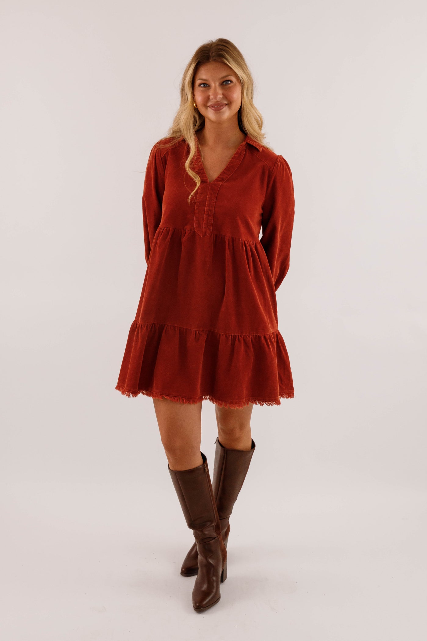 Rust Tiered Corduroy Dress- Fringe Hem Pocket Dress- Women's Fall and Winter Dresses