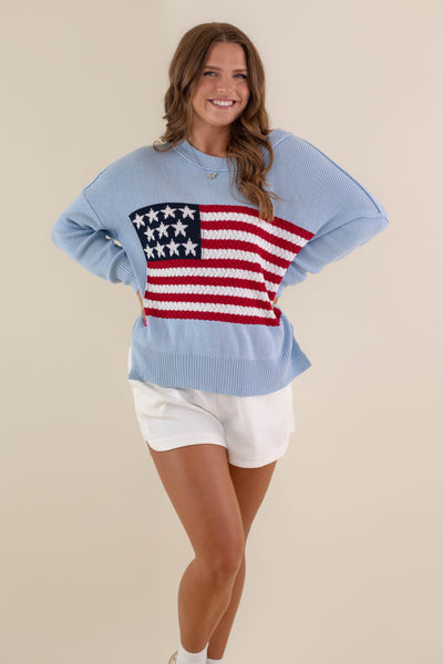 Women's American Flag Sweater- Baby Blue Flag Sweater- Americana Lightweight Sweater