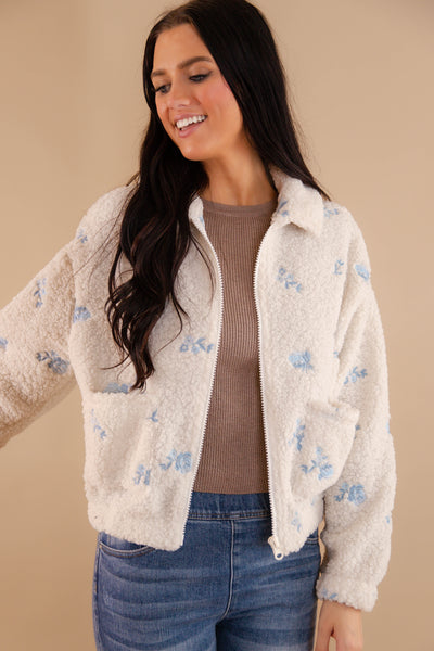 Blue Floral Embroidery Sherpa Pullover- Women's Flower Winter Zip Up Jacket