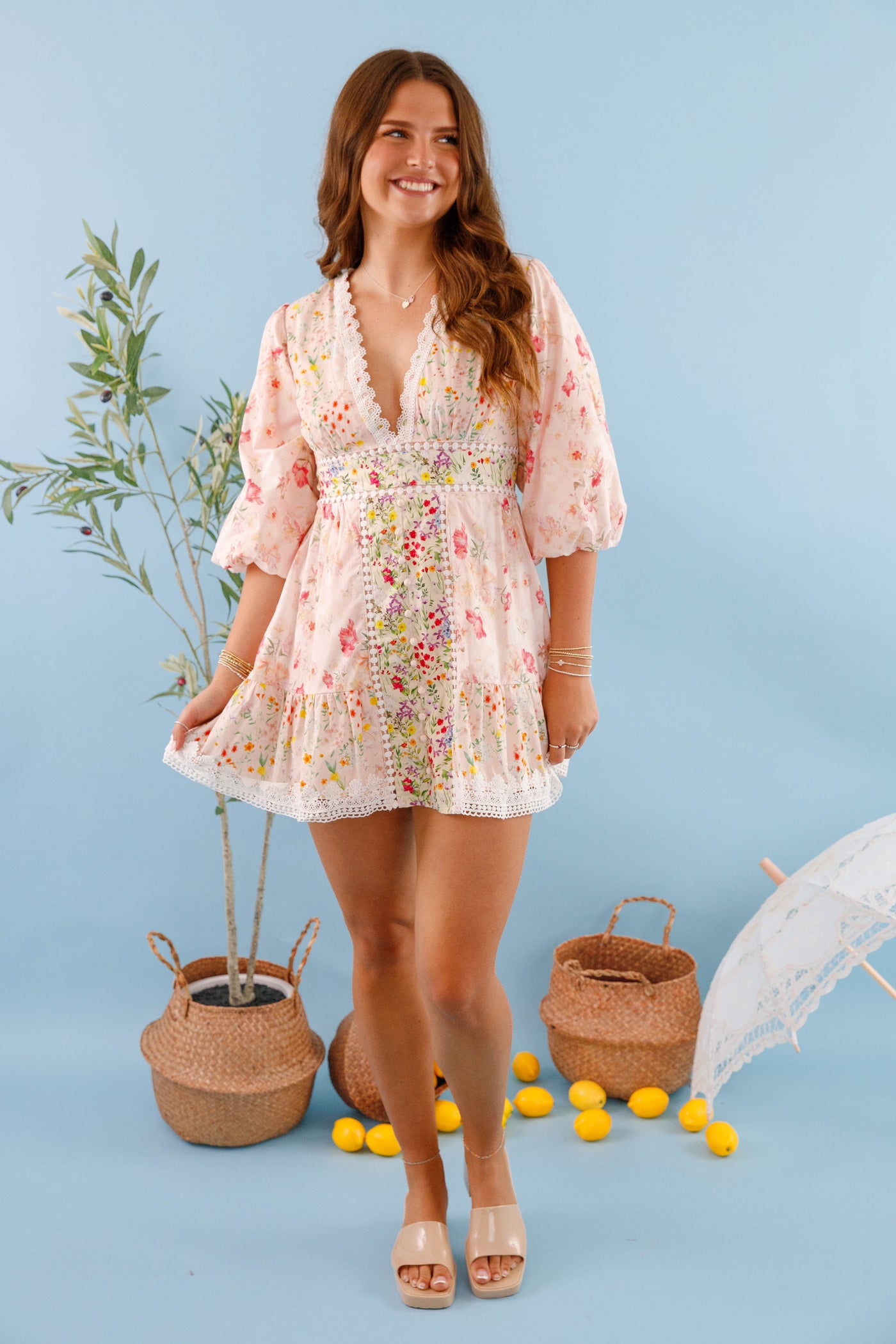 Women's Short Floral Dress- Lace Trim Multi Floral Dress- Women's Patterned Mini Dress