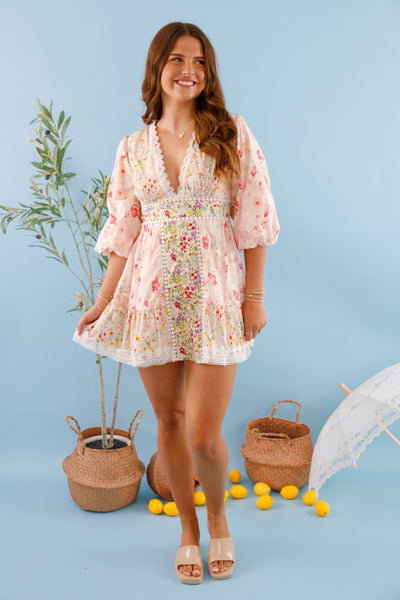 Women's Short Floral Dress- Lace Trim Multi Floral Dress- Women's Patterned Mini Dress