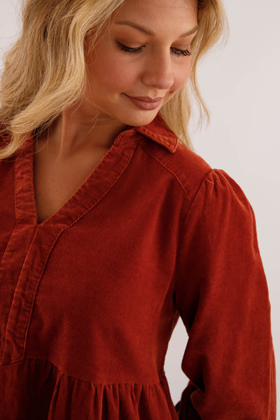 Rust Tiered Corduroy Dress- Fringe Hem Pocket Dress- Women's Fall and Winter Dresses