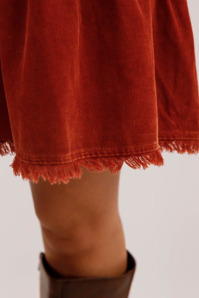 Rust Tiered Corduroy Dress- Fringe Hem Pocket Dress- Women's Fall and Winter Dresses