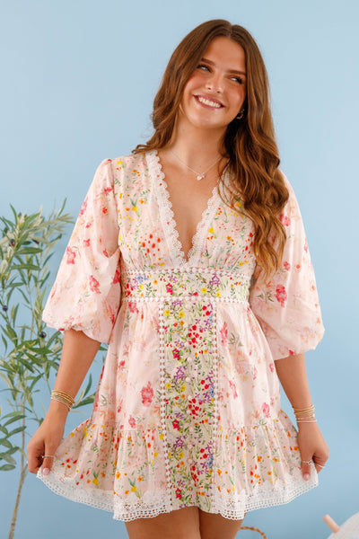 Women's Short Floral Dress- Lace Trim Multi Floral Dress- Women's Patterned Mini Dress