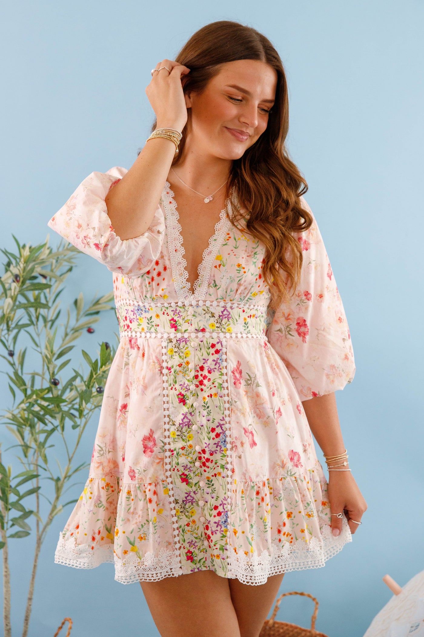 Women's Short Floral Dress- Lace Trim Multi Floral Dress- Women's Patterned Mini Dress