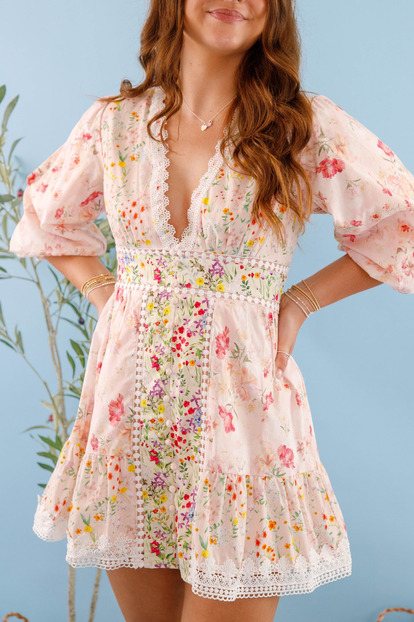 Women's Short Floral Dress- Lace Trim Multi Floral Dress- Women's Patterned Mini Dress