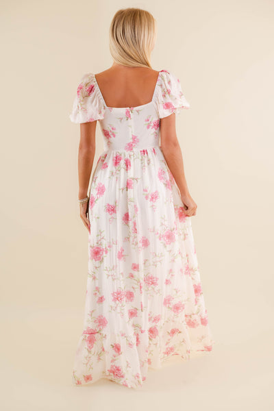 Women's Pink Floral Maxi Dress- Elegant Floral Maxi- Storia Maxi Dress